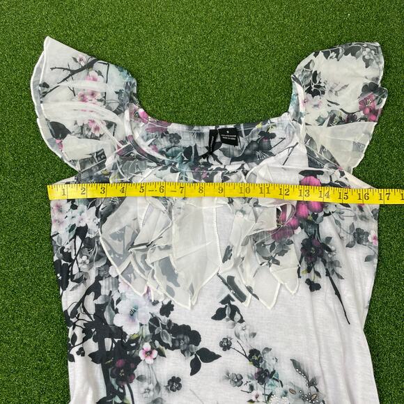 New Directions Black Floral Ruffle Tunic Top Sz S - Picture 4 of 6